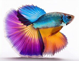 a vibrant colorful fish with iridescent scales and distinct fins showcasing a striking gradient of blues purples and yellows white background