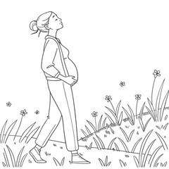 Pregnant Woman Walking Outdoors in Nature – Line Art Illustration