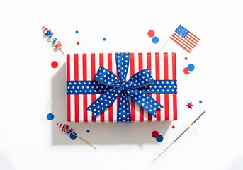 Obraz premium Patriotic Celebration Gift Box with US Flags and Confetti on White Background