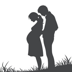 Silhouette of Pregnant Woman and Partner Walking on Grassy Hill
