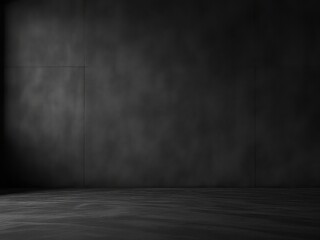 Dramatic lighting enhances textured black wall with subtle paneling and gradient floor, showcasing minimalist design