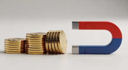 Gold coins are stacked with a strong magnet pulling in wealth, representing finance, investment, and business success.