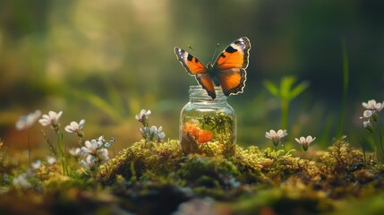 Butterfly in a glass jar, woodland setting