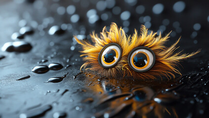 Peacock feathers, bright eyes, yellow tips on the mirror surface