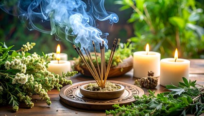 Incense and candles in a natural setting