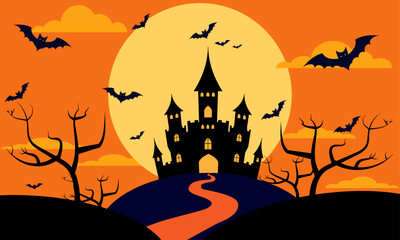 Haunted castle halloween style banner, creepy old halloween mansion with bats flying