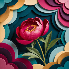 Vibrant pink peony with layered circular backdrop yellow stamen