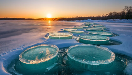 Blue-green circular ice road on the lake at sunset