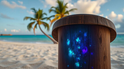 Naklejka premium Wooden Post with Glowing Lights on Tropical Beach with Palm Trees