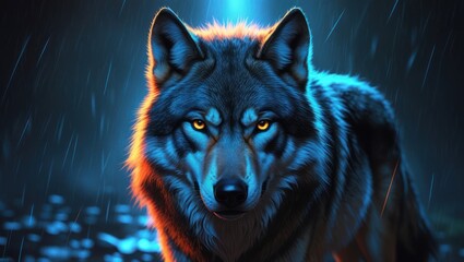 Wolf in vibrant neon light, rain
