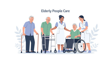 Elderly care: nurses assisting senior citizens with wheelchair and walker in assisted living facility
