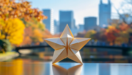 Cream origami stars on the table, Tokyo skyline in the background