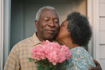 Elderly Black man receiving a surprise flower delivery from his granddaughter with an emotional embrace in a suburban doorway, bathed in warm afternoon light.