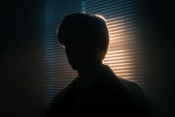 Anonymous tech whistleblower interviewed in a dark room with venetian blind shadows, creating a mysterious and dramatic investigative documentary atmosphere.