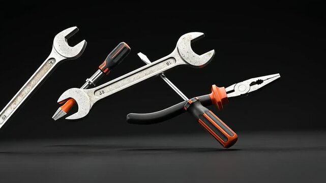A collection of various hand tools including wrenches and pliers arranged dynamically on a dark background
