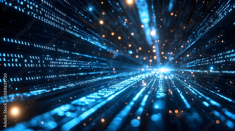 Wall mural digital data stream: binary code tunnel with futuristic technology and glowing light effects