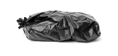A black plastic garbage bag, crumpled, isolated on pure white,  black plastic,  texture