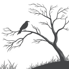 Silhouette of a Crow on a Bare Tree Branch – Nature Vector Illustration
