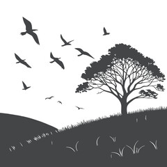 Birds Flying Over Grassy Hill with Lone Tree Silhouette in Nature Landscape
