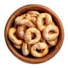 Rustic Delight: A top-down view captures a wooden bowl brimming with a delightful assortment of golden, ring-shaped baked goods. 