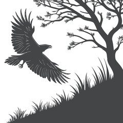 Flying Hawk Silhouette Near Tree on Grassy Hillside
