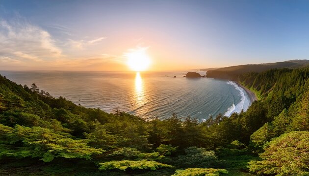 beautiful coastal scenery featuring a lush green forest and a tranquil ocean during sunset a peaceful and natural setting perfect for nature photography or landscape appreciation