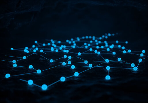Futuristic Network of Glowing Blue Nodes and Lines on a Dark Textured Background 