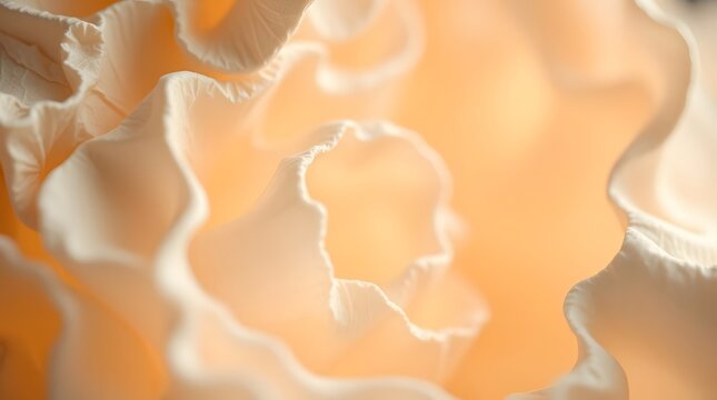 A close-up, abstract view of delicate, ruffled petals in soft peach and cream hues, creating a gentle and organic texture