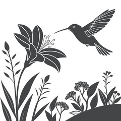Hummingbird Silhouette Hovering Near Flower in Botanical Scene
