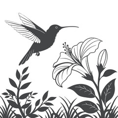 Hummingbird Silhouette Hovering Near Flower in Botanical Scene

