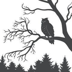 Owl Silhouette on Tree Branch Above Forest at Night

