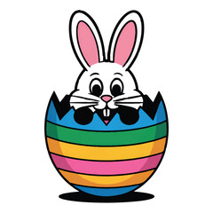Fototapeta premium Vector art of a cute easter bunny popping out of a colorful striped egg isolated on white background