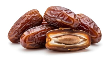 Obraz premium Fresh guava fruit, whole and sliced, displayed against a white background.