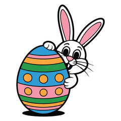 Vector art of a cute easter bunny peeking behind a decorated easter egg isolated on white background