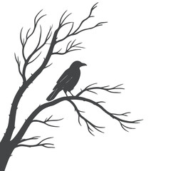 Crow Silhouette Perched on Bare Tree Branch in Winter Scene

