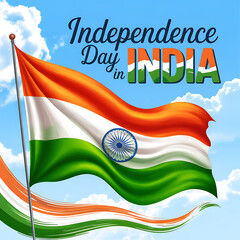 Independence Day in India: Waving Flag with Sky Background Celebration. Indian Independence Day  Poster