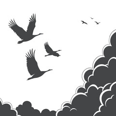 Bird Silhouettes Flying Above Clouds in Sky Vector Illustration
