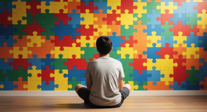 A young boy sits in front of a vibrant wall covered in colorful autism awareness puzzle pieces - Powered by Adobe