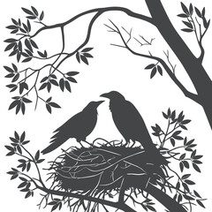 Silhouette of Two Birds Nesting in Tree Branches Surrounded by Leaves
