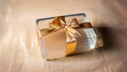 a clear plastic gift box with a gold ribbon tied in a bow on a textured beige surface in soft lighting