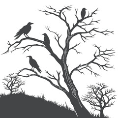 Birds Perched on Leafless Trees Silhouette on Hillside
