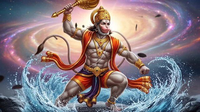 Majestic hanuman animation against cosmic waters, wielding mace amidst celestial backdrop