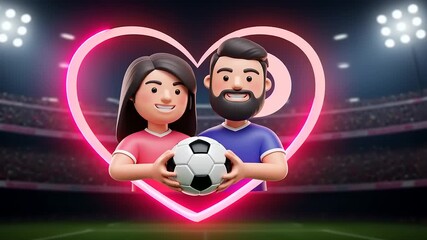 Cheerful couple holding a soccer ball in a vibrant stadium, surrounded by glowing hearts - Powered by Adobe