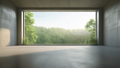Fototapeta premium 3d render of empty concrete room with large window on nature background generative ai