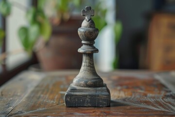 Close up of a dark wooden king chess piece standing on a rustic wooden table, representing strategy, leadership, and power