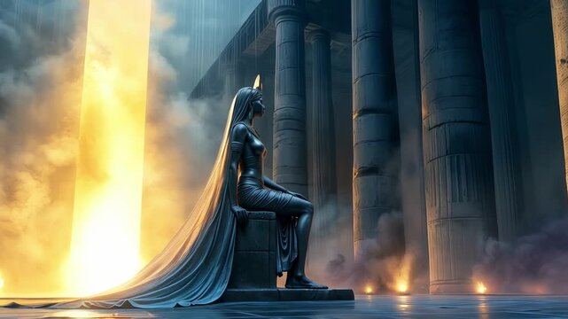 Egyptian goddess-pharaoh Hatshepsut sits on a golden throne in the Dendera temple.