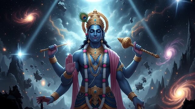 Celestial portrait of cosmic deity with multiple arms and radiant halo against a galactic backdrop