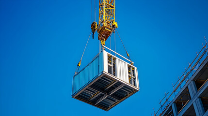 Construction crane lifting container against blue sky
