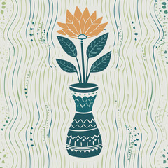 Whimsical hand-drawn floral illustration in a bold folk-art, vintage style. Colorful vase with stylized flowers, perfect for prints, cards, posters, packaging, textiles, and digital design