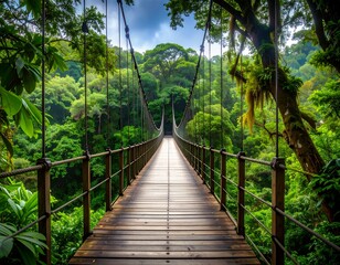 Scenic Suspension Bridge in Lush Green Forest Surrounded by Vibrant Flora and Natural Beauty